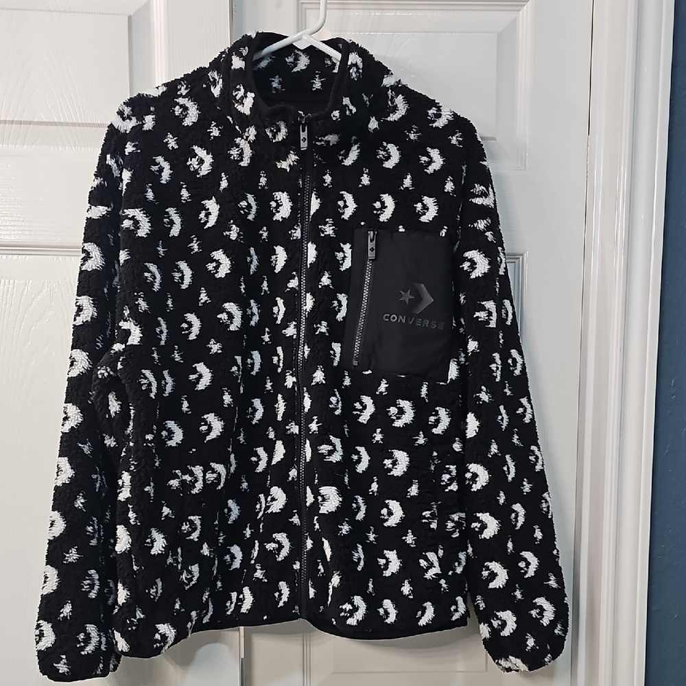 New Converse Cozy Teddy Jacket Full Zipper Pockets Cozy Blk White XL